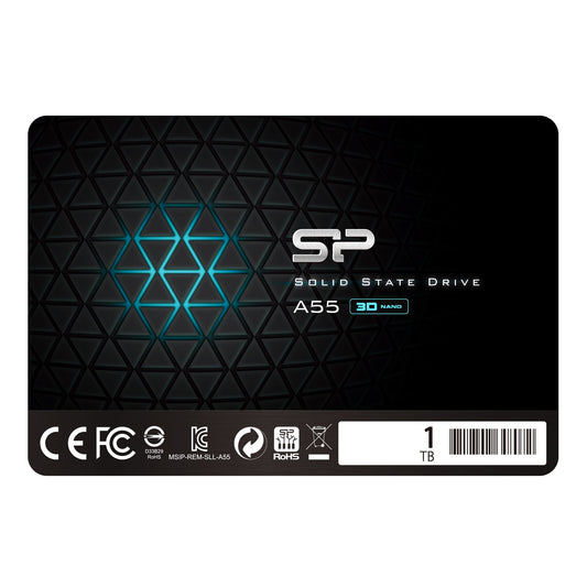 Silicon Power 1TB SSD A55: Schwarzes, rechteckiges Solid State Drive. SATA III SSD für internen Speicher in Computern und Laptops zur Beschleunigung von System und Anwendungen.
