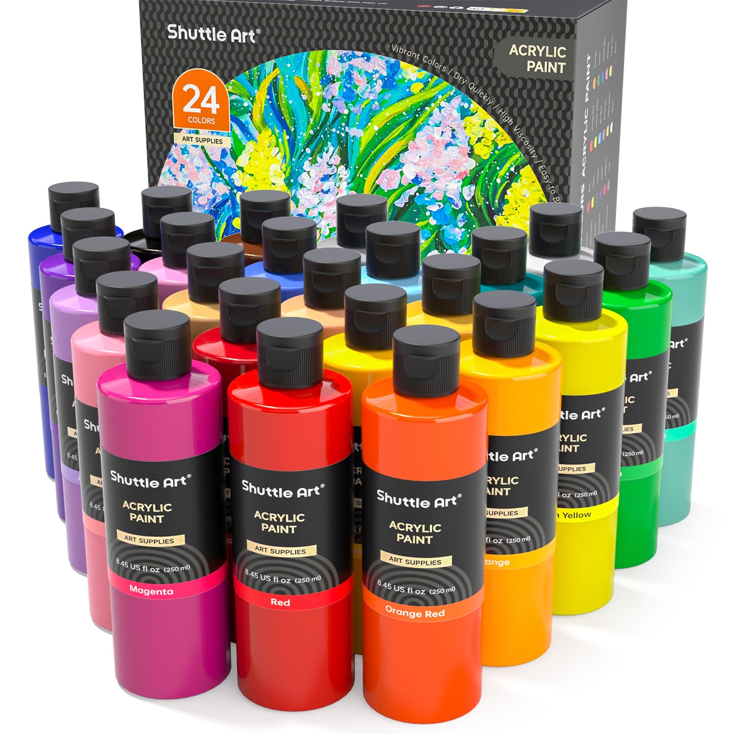 Shuttle Art Acrylfarben Set, 24 Farben à 250 ml, wasserfest – 24 Flaschen mit Acrylfarbe zum Malen und Basteln