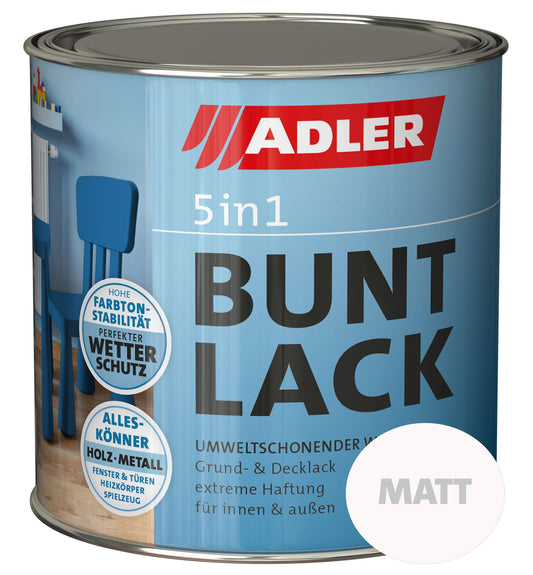 ADLER 5in1 Buntlack Matt – RAL 9005 Tiefschwarz, 2.5l. Matt tiefschwarze Flüssigkeit zum vielseitigen Beschichten von Oberflächen.