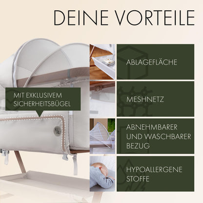 KUNU Baby-Beistellbett 2.0 – Höhenverstellbar mit Wiege & Rollen