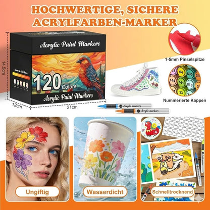 Vozuna Acrylstifte Set, 120 Farben, wasserfest, Pinselspitze