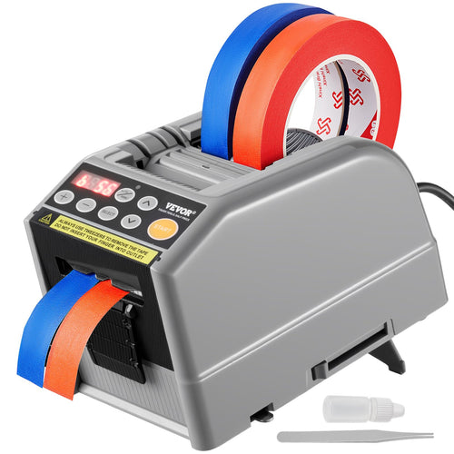 VEVOR Automatischer Klebebandspender elektrisch – 6-60 mm. Industrielles, graues Gerät spendet Klebeband von 6-60mm Breite automatisch für Verpackung.