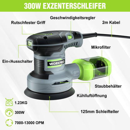 WORKPRO Exzenterschleifer 125 mm, 300 W, 7000–13000 OPM mit Absaugung