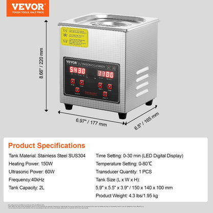 VEVOR Ultraschallreiniger 2 L Edelstahl mit Timer und Heizfunktion