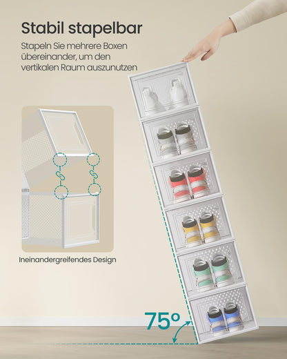 SONGMICS Schuhboxen 18er Set, Kunststoff, stapelbar, transparent-weiss