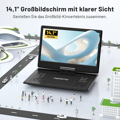 POFOTO Tragbarer DVD-Player, 14,1-Zoll-HD-Schwenkdisplay, 6h Akku