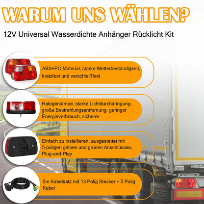 Warmfay Anhänger Rückleuchten Set 12V, 13-polig, 5m Kabel, E11