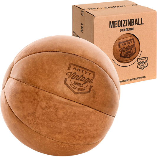ARTZT Vintage Series Medizinball Rindsleder 5000 gr, aus Rindsleder gefertigt für Krafttraining durch Wurfübungen.