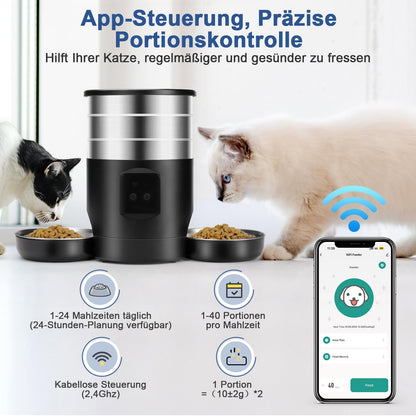 Automatischer Futterautomat Katze 5L – WiFi Edelstahl, 2 Näpfe