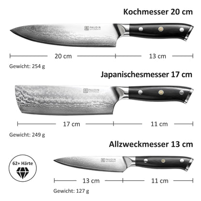 PAUDIN Damastmesser Set Küchenmesser – 3-teilig VG10 Damaststahl