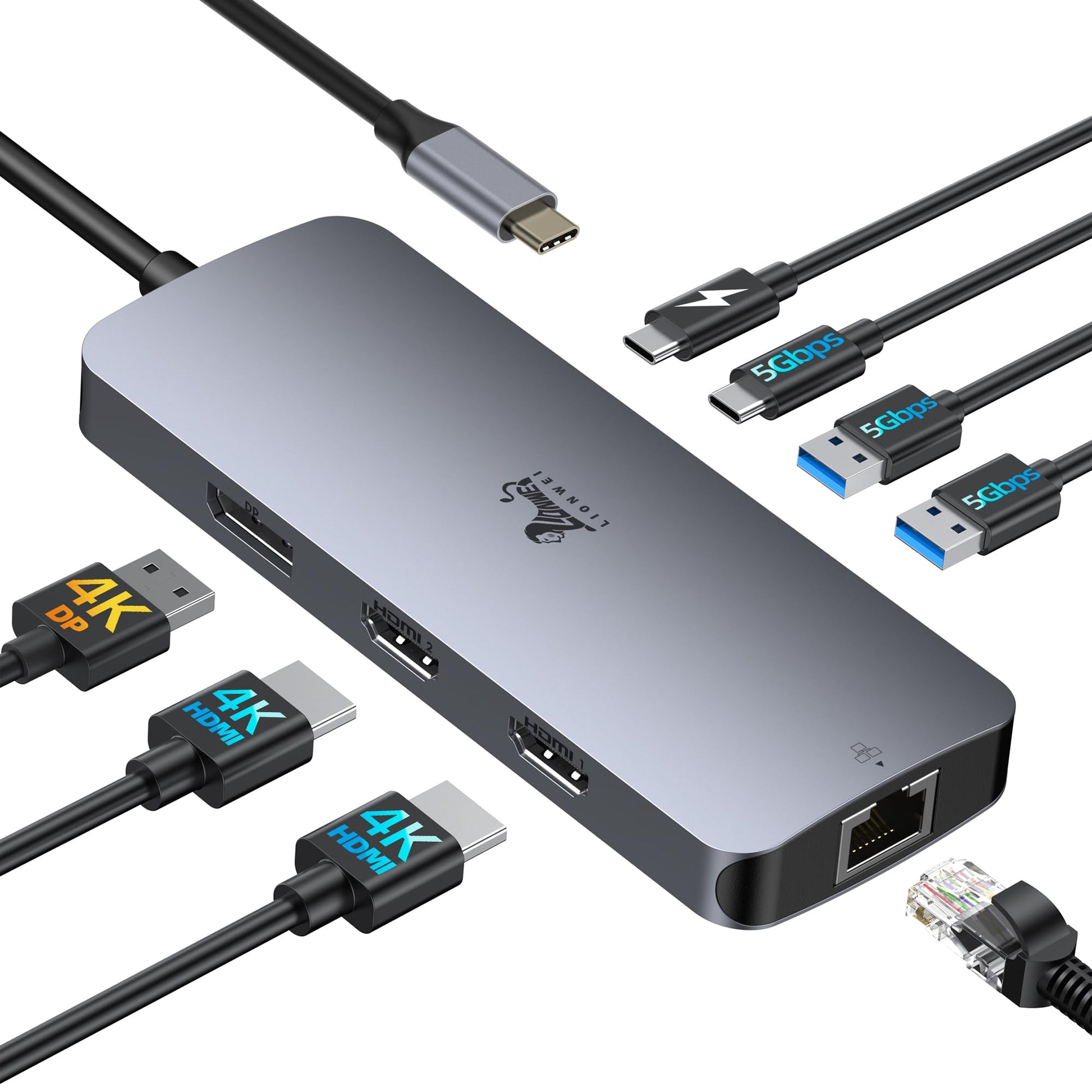LIONWEI USB-C Docking Station 8-in-1 mit Dual HDMI und DisplayPort, mit HDMI-, DisplayPort-, USB- und Ethernet-Anschlüssen