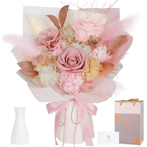 MAMAMIKO Konservierter Blumenstrauss Echte Rosen, Altrosa, mit Vase – Arrangement mit Kamelie und Hortensie