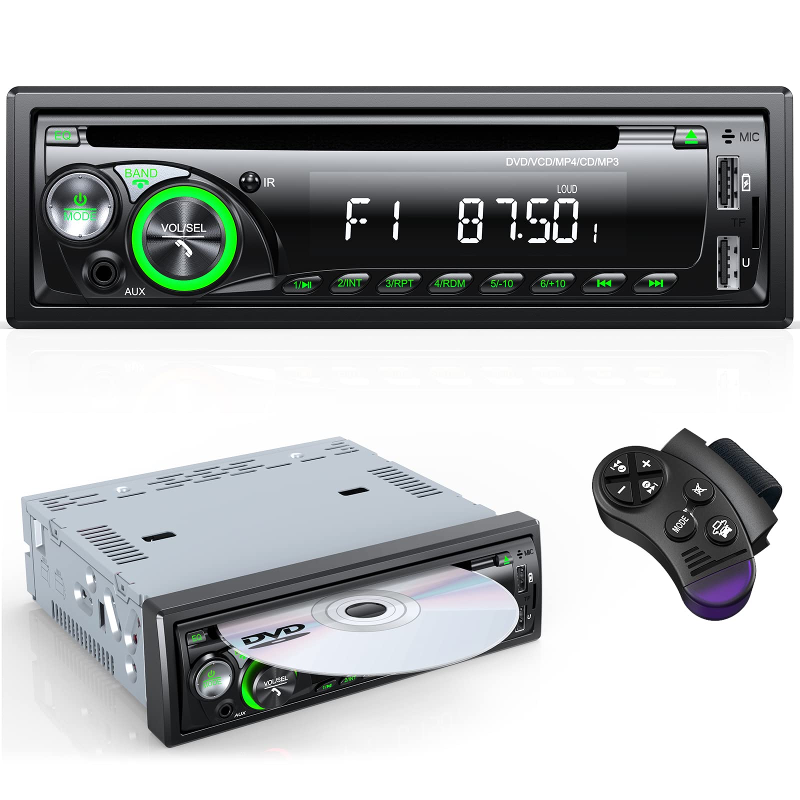 Universal 1DIN Autoradio CD/DVD Bluetooth Freisprech - 9-24V. Spielt CD/DVD und ermöglicht Bluetooth-Freisprechfunktion im Fahrzeug.