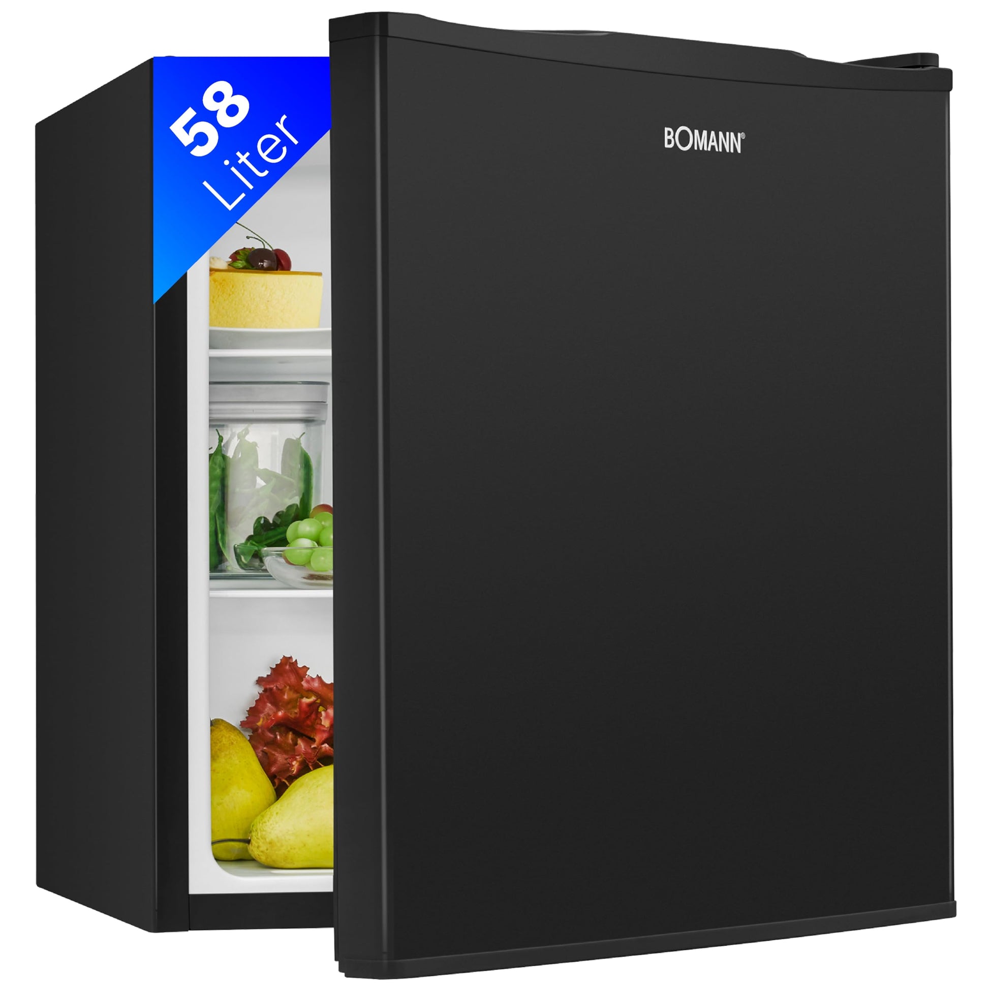 Bomann KB 7347 Kompakter Mini Kühlschrank 58L schwarz. Schwarzes Kompaktgerät zur Kühlung von Getränken/Lebensmitteln in kleinen Räumen.