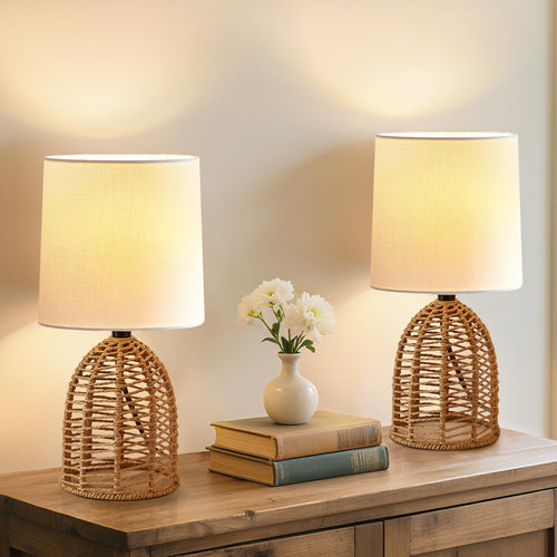 GyroVu Nachttischlampe 2er Set Rattan Boho Tischlampe mit E27 Fassung, geflochtener Rattankörper und Leinenschirm