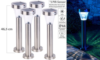 Lunartec Solar-LED-Wegeleuchte 4er-Set, Edelstahl, Sensor