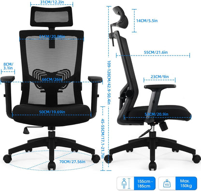 Daccormax Bürostuhl ergonomisch, Mesh-Drehstuhl mit Kopfstütze