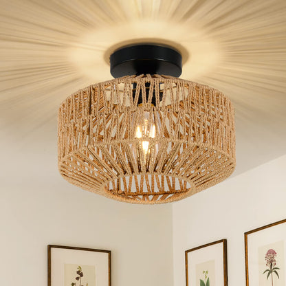 Rayofly Deckenleuchte Rattan Boho HLF26 mit handgeflochtenem Schirm, geflochten mit schwarzer Metallbasis