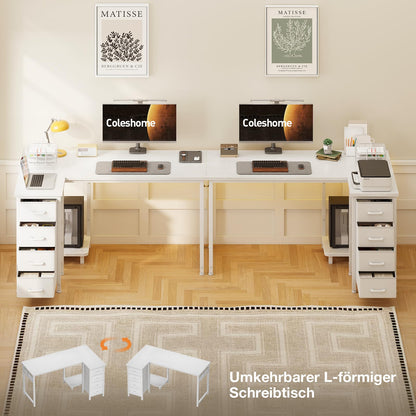 Coleshome Eckschreibtisch L-Form 120x70 cm mit 4 Schubladen, Weiss