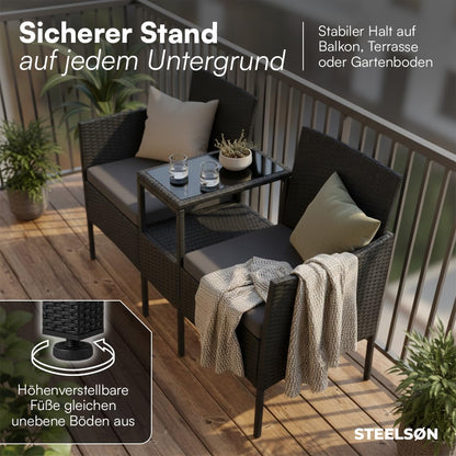STEELSØN Velara Gartenbank mit Tisch, 2-Sitzer, Polyrattan, schwarz