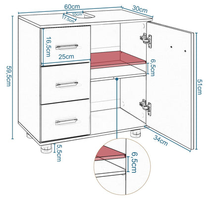 EUGAD Waschbeckenunterschrank Badmöbel - Weiss, 3 Schubladen, 60cm