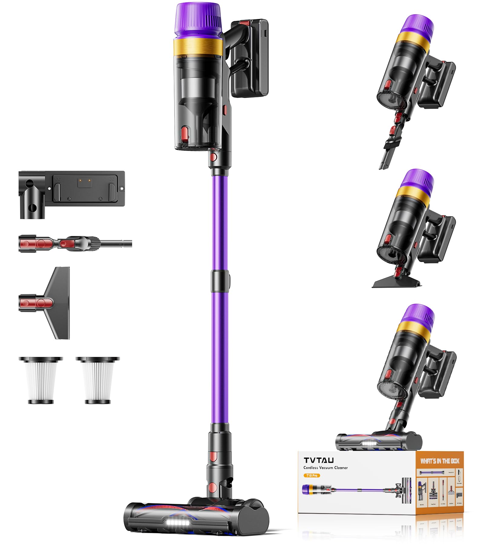 TVTAU T10 Pro Akku-Staubsauger kabellos, 55000 Pa, beutellos, Violett – Stabstaubsauger mit Wandladestation