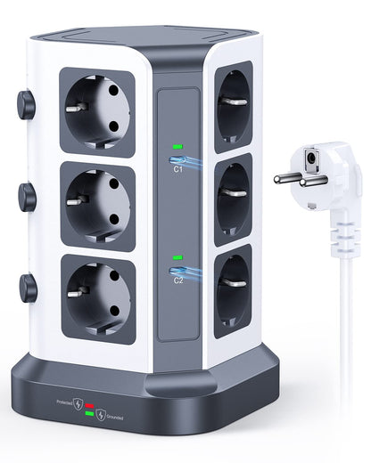KOOSLA 12-fach Steckdosenturm 65W USB C PD Überspannungsschutz Grau