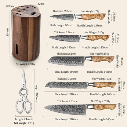 HEZHEN Damast Messerblockset – 7-teilig, Holzblock