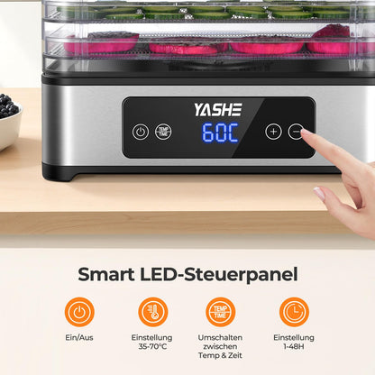 YASHE Dörrautomat FD-1019, 5 Edelstahl-Einschübe, 400 W, Timer