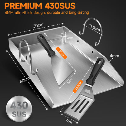 Edelstahl Grillplatte Plancha Set – 40x30 cm mit 2 Spachteln