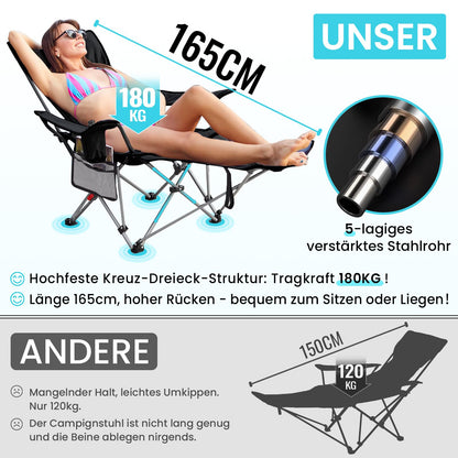 WEJOY 2-in-1 Campingstuhl mit Fussstuetze Faltbar Schwarz/Grau