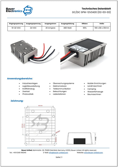 Bauer Electronics DC-DC Boost Spannungswandler 9-22V auf 24V 20A