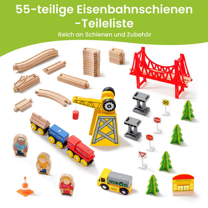 Tiny Land Holzeisenbahn Set, 55-teilig mit Kran, ab 2 Jahren