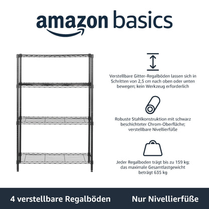 Amazon Basics Standregal, 4 Einlegeböden, höhenverstellbar, Schwarz