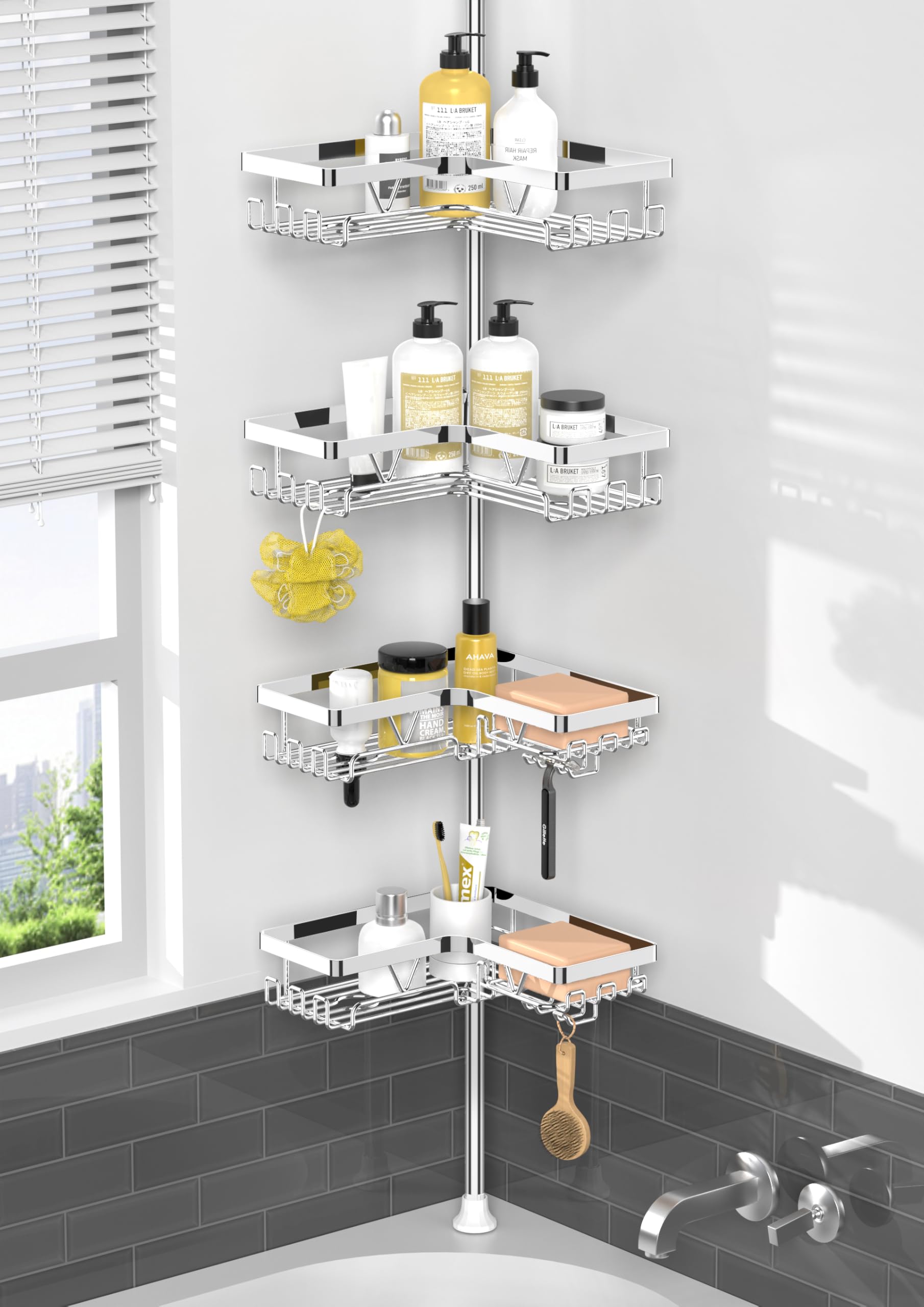 Kegii Teleskop Duschregal Eckregal Chrom - Ohne Bohren. Verchromtes Teleskop-Eckregal zur bohrfreien Klemmmontage von Duschutensilien.