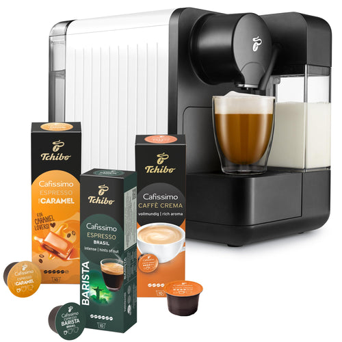 Tchibo Cafissimo milk Kapselmaschine mit Milchaufschäumer Weiss. Bereitet Kapselkaffee und Milchschaum zu.