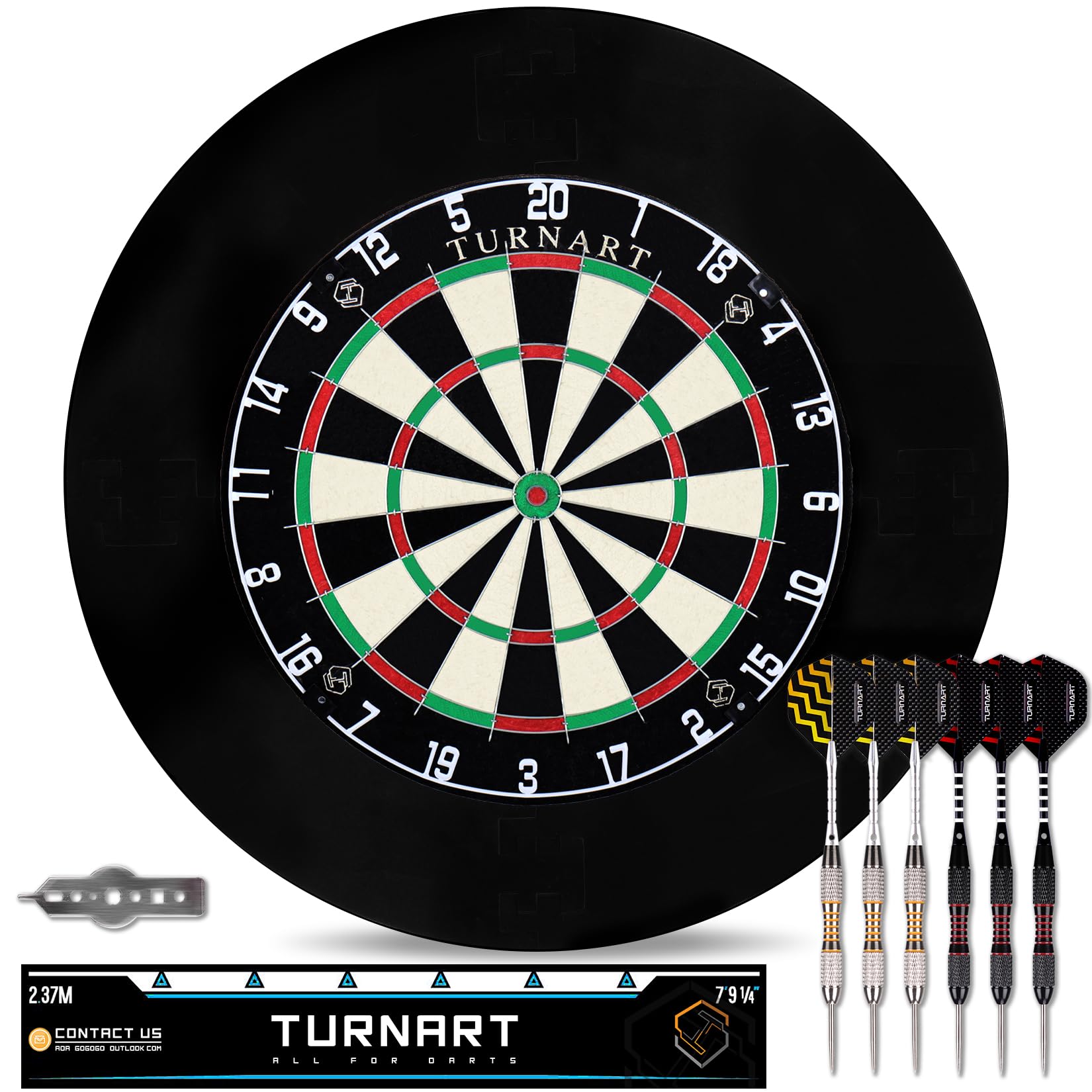 Offizielles Steeldartscheibe Set Kork – 6 Pfeile & Rückwand. Runde Scheibe, schwarze Segmente, Korkrückwand, 6 Dartpfeile für Dartspiele.