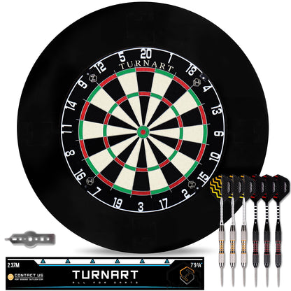 Offizielles Steeldartscheibe Set Kork – 6 Pfeile & Rückwand. Runde Scheibe, schwarze Segmente, Korkrückwand, 6 Dartpfeile für Dartspiele.