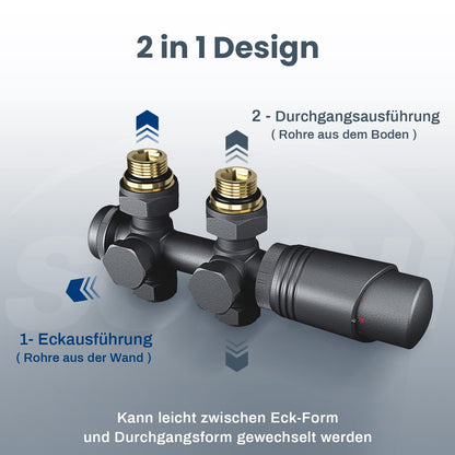 SONNI Multiblock Set Heizkörper Anschlussventil Eck/Durchgang Anthrazit