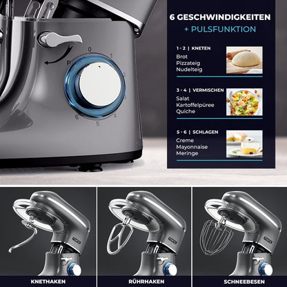 Fentic Küchenmaschine 2000W, 6.2L Edelstahl Rührschüssel - Anthrazit