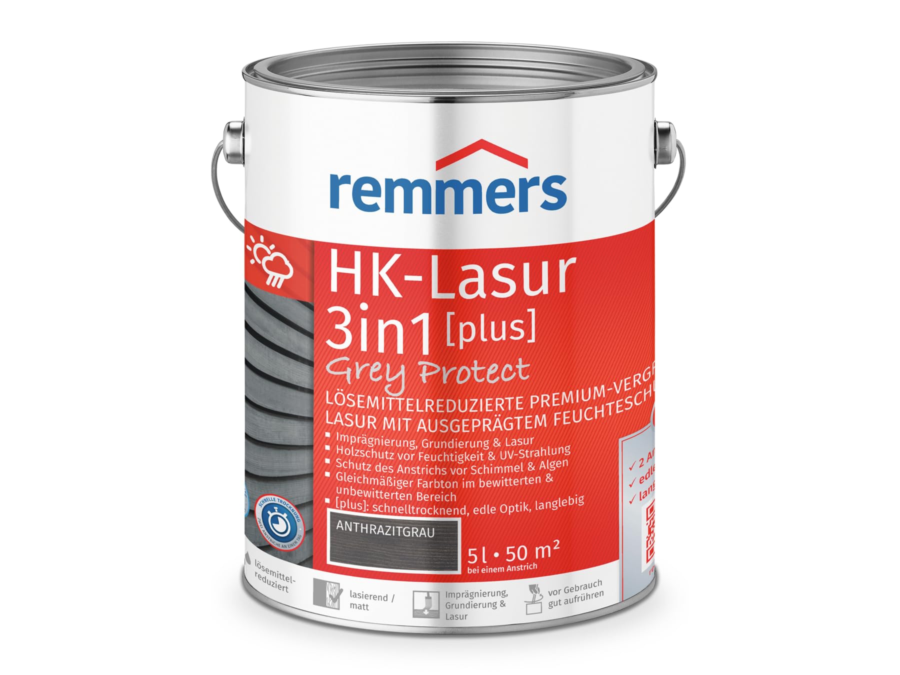 Remmers HK-Lasur 3in1 Grey Protect [plus], Anthrazitgrau matt, 5 L, Holzlasur für den Aussenbereich