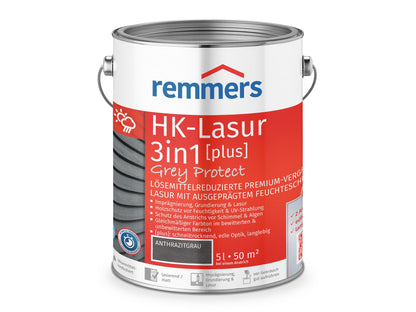 Remmers HK-Lasur 3in1 Grey Protect [plus], Anthrazitgrau matt, 5 L, Holzlasur für den Aussenbereich