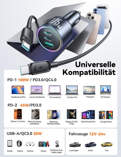 JOYROOM 175W Auto Ladegerät USB C, 3-Port Zigarettenanzünder Adapter