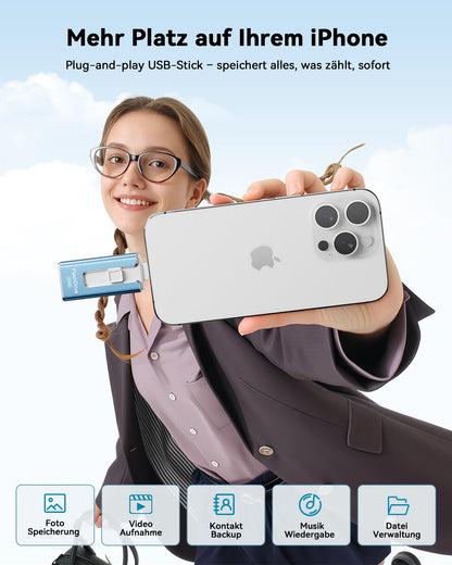 SUDEHO USB Stick 256 GB MFi Lightning/USB-C – Blau