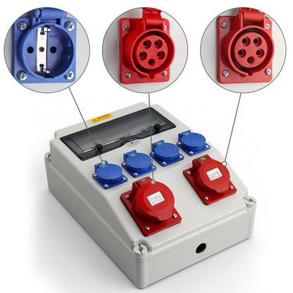 EYPINS Baustromverteiler IP66 mit LS + FI, 4x Schuko + 2x CEE