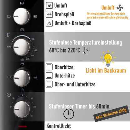 ProBake Minibackofen 45 Liter Umluft Drehspiess 2000W Glasfront