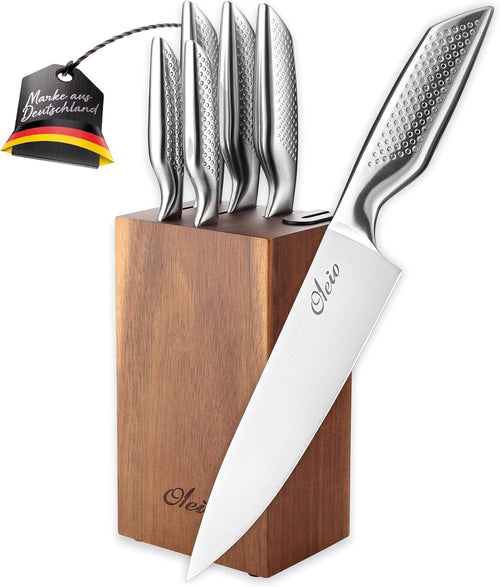 Oleio Maestro Messerblock Set 5-tlg. - Akazienholz Edelstahl. Der massive Block bewahrt die 4 Edelstahlmesser sicher in der Küche auf.