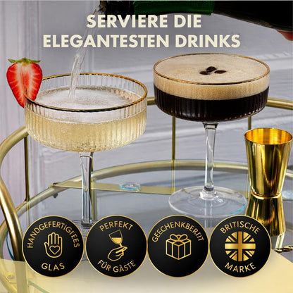 Vemacity Martini Gläser Set mit Goldrand, geripptes Glas, 300 ml