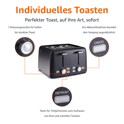 Amazon Basics 4-Scheiben Toaster, 1500 W, 7 Bräunungsstufen, Schwarz