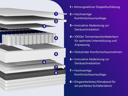 Traumnacht Exklusiv 7-Zonen 1.000er Tonnentaschenfederkern Matratze - H2 90x200cm